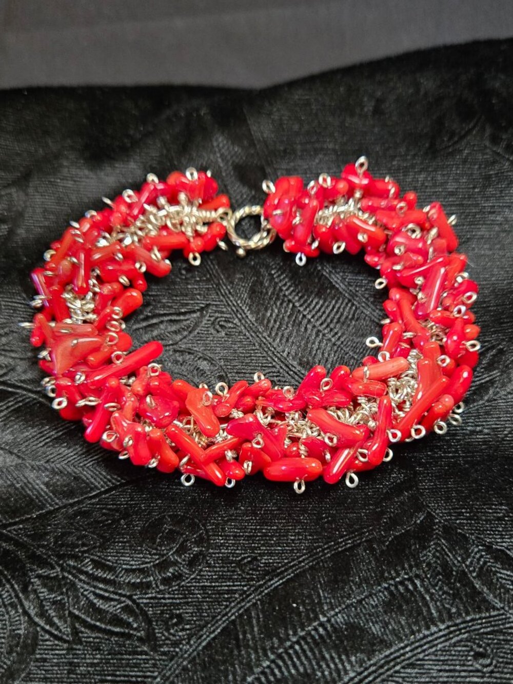 Vintage Red Branch Coral Chunk Cluster Toggle Bracelet 7.5” Boho